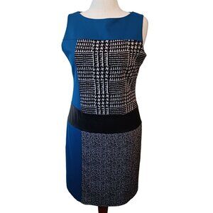 Lennie for Nina Leonard Black White & Blue‎ Leather Detail Sheath Dress L Office